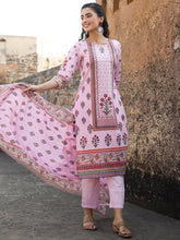Women'S Lilac Cambric Floral Placement Printed Straight Fit Kurta Sets